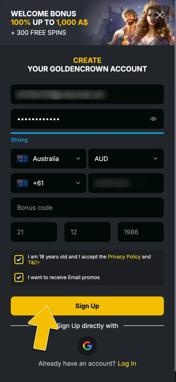 Click the visit button to access the Jewel Boom Super Drop sign-up form at Golden Crown Casino.