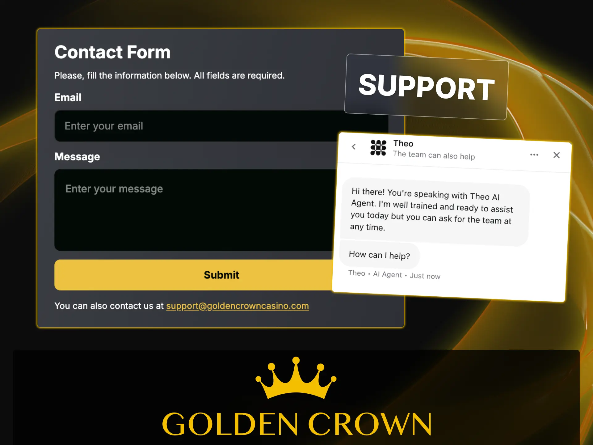Reach out to the 24/7 customer support team via live chat or email at Golden Crown Casino.
