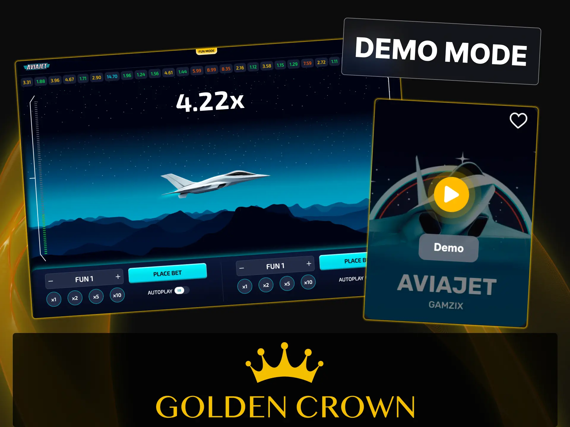 Try Aviajet crash game for free in demo mode with zero financial risk at Golden Crown Casino.
