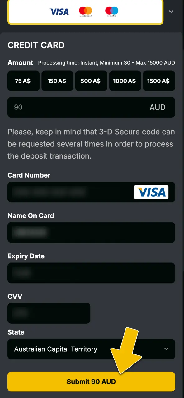 Navigate to the cashier and select a preferred payment method to fund your account at Golden Crown Casino.
